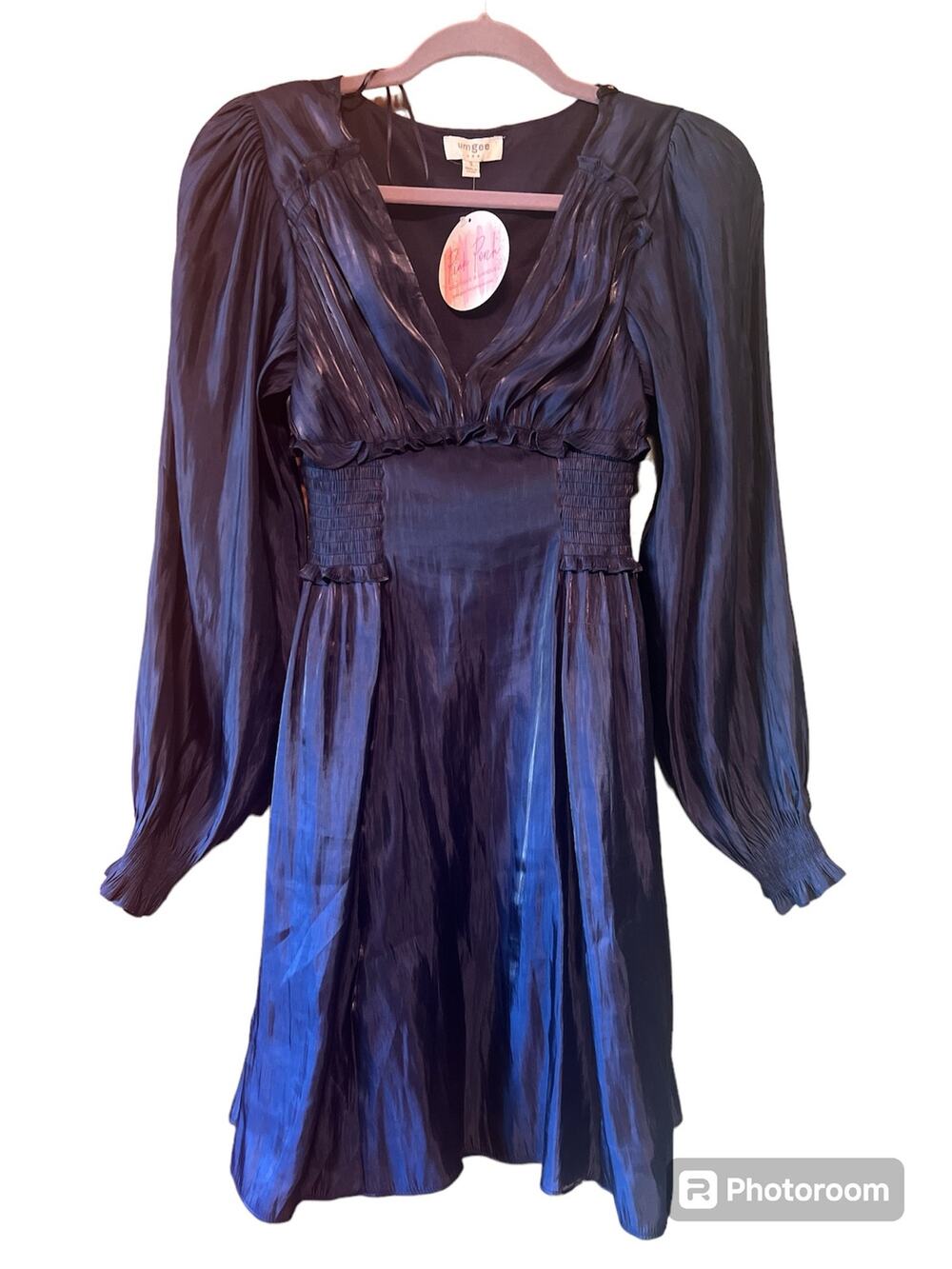 Umgee Navy Satin V-Neck Lined Cuffed Sleeve Dress - Small